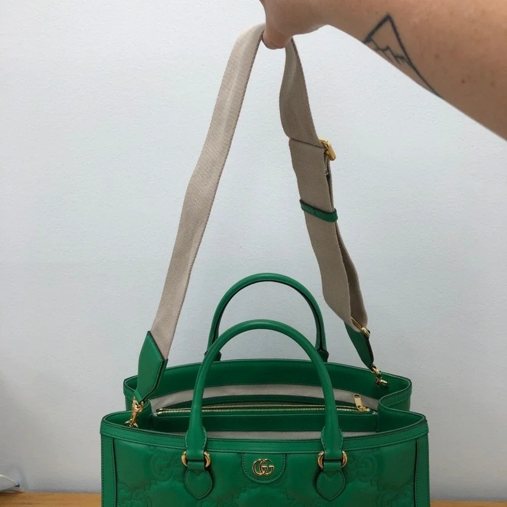 Gucci GG Matelasse Tote Women Large Green Leather Quilted Gold Hardware Bag